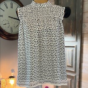 Max Studio White and Black Polka Dot Sleeveless Smocked Neck Blouse